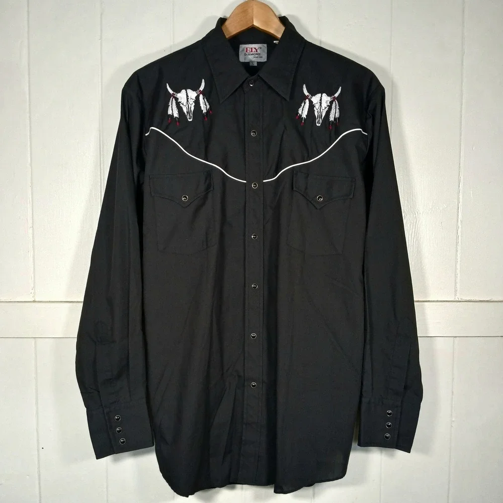 Ely Diamond Steer Skull Embroidered Pearl Snap Western Shirt Mens‎ Large Black